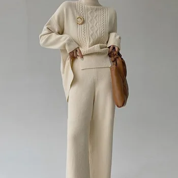 Комплект из двух предметов, Пуловеры, свитер, вязаный спортивный костюм, женские прямые брюки с высокой талией, костюм в стиле харадзюку, осенне-зимняя одежда