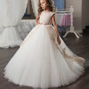 Кружевное платье принцессы с цветочным узором для Первого причастия, детское свадебное платье, длинное элегантное вечернее платье, детский костюм для девочек