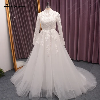 Кружевное Свадебное платье Lakshmigown с высоким воротом, Женское 2024, С длинными рукавами и аппликациями, Пляжное свадебное платье vestido de boda corte sirena
