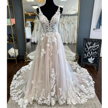 Кружевное свадебное платье принцессы Lakshmigown, Длинное кружевное платье невесты из тюля с аппликацией, свадебное платье цвета шампанского, vestidos de novia