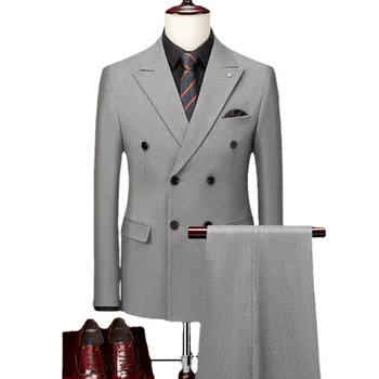 Куртка + брюки, комплект из 2 предметов, Двубортное модное мужское повседневное деловое платье, свадебный костюм жениха, пальто, Блейзеры, Брюки