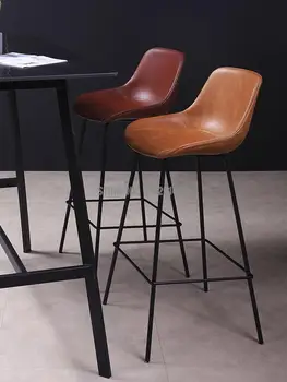 Легкий роскошный черный барный стул в индустриальном стиле с высокой ножкой, винтажный кожаный барный стул, современный барный стул с простой спинкой