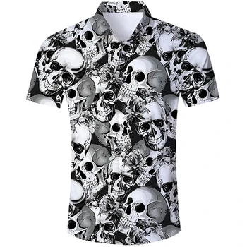 Летняя гавайская рубашка с черепом для мужчин, пляжная рубашка с 3D-принтом, повседневные мужские рубашки с черепом на пуговицах, топы Camisa Оверсайз