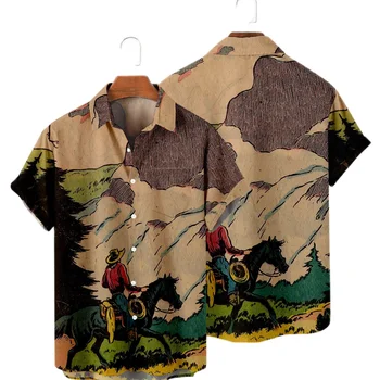 Летняя новая гавайская мужская рубашка с 3D цифровым принтом, мужская рубашка в стиле Западной Америки, топ в винтажном стиле