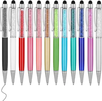 Милые ручки Bling Bling 2-в-1, Тонкие стилусы Со стразами и шариковые ручки с черными чернилами (12 цветов)