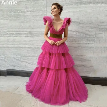 Многослойные Тюлевые платья для выпускного вечера Annie, Сексуальные вечерние платья с V-образным вырезом Ярко-розового цвета 2023, Vestidos De Noche