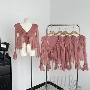 Модная женская рубашка с мешковатым V-образным вырезом, розовая элегантная блузка для осенней вечеринки на шнуровке, шикарная короткая блузка Y2K