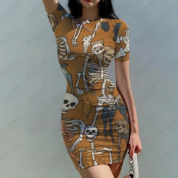 Модное Повседневное Женское Тонкое платье с 3D-печатью черепа, Уличное трендовое платье, платье для развлечений, вечернее платье, Летнее сексуальное обтягивающее платье