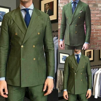 Модные двубортные костюмы Для мужчин, мужской блейзер, костюм Терно с отворотом, зеленые Обычные наряды, куртка, брюки из двух частей