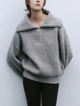 Модные женские свитера 2023, пуловеры со СВОБОДНЫМ дизайном на молнии, повседневная однотонная водолазка, утолщающий Розовый вязаный зимний женский свитер