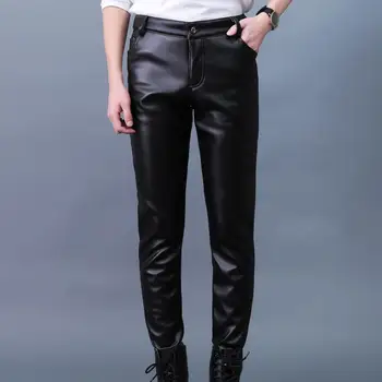 Мужские брюки из искусственной кожи классического кроя, стильные мужские брюки из искусственной кожи приталенного кроя, дышащие эластичные брюки со средней талией для уличной одежды