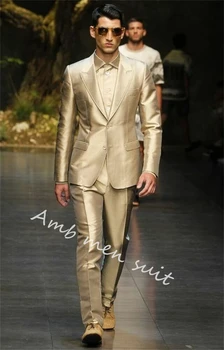 Мужские классические костюмы из золотистой ткани, приталенный дизайнерский костюм, свадебный жакет, вечернее модное пальто, брюки Hombre, 2 предмета, элегантный деловой костюм