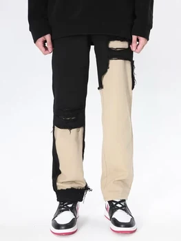 Мужские рваные джинсы YIHANKE с высокой талией, черные, белые, со вставками, Нерегулярные Широкие джинсовые брюки Весенняя уличная мода