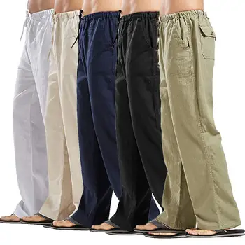 Мужские хлопчатобумажные льняные Прямые широкие брюки с эластичной талией, Свободные Длинные брюки, Хлопчатобумажная уличная одежда Большого размера, Новые мужские штаны для йоги