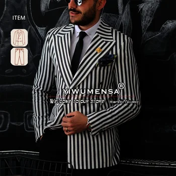 Мужской костюм в черно-белую полоску, пальто + брюки, 2 предмета, мужской модный двубортный блейзер, комплект для торжественного банкета, платье для выпускного вечера 2024 года.