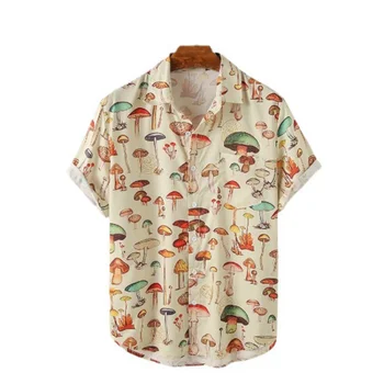 Мужской топ с летним отворотом и грибным принтом, свободная пляжная рубашка с короткими рукавами для мужчин