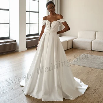 Новое поступление, атласное свадебное платье нестандартного размера с открытыми плечами, милая складка, кружевной шлейф, современный африканский корсет, свадебное платье
