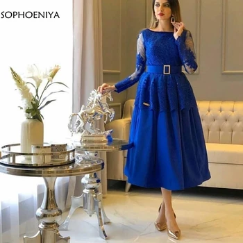 Новое поступление, вечерние платья королевского синего цвета с длинным рукавом, халат de Soiree Courte, короткое вечернее платье, праздничное платье Galajurk Vestido
