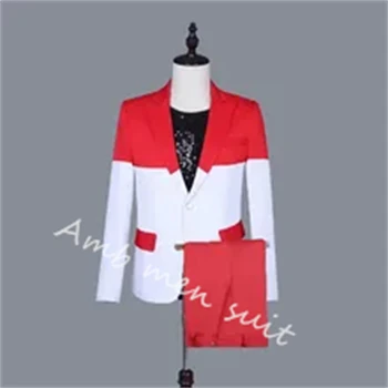 Новый красно-белый мужской костюм сращивания, комплект из 2 предметов, деловая мода, свадьба на заказ, Элегантная мода, официальный бал, концерт, куртка, Брюки