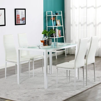 Обеденный набор из 5 предметов, стеклянный столик и 4 кожаных стула для кухни, обеденный белый