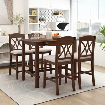 Обеденный стол из дерева высотой со столешницу из 5 предметов с 4 мягкими стульями и 1 ящиком для хранения Кухонная мебель для ресторана