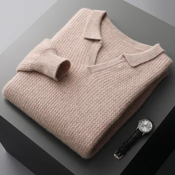 Осенне-зимний новый 100% шерстяной кашемировый свитер, мужской пуловер-поло, повседневная рубашка большого размера с толстыми лацканами, теплая вязаная куртка