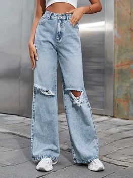 Осень 2023 года, Прямые женские рваные джинсы с высокой талией, женские Новые синие джинсовые брюки, Модная уличная одежда, Широкие мешковатые брюки, повседневные