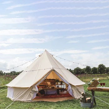 Палатка с хлопковым колокольчиком круглой формы для кемпинга на открытом воздухе, 4 сезона, роскошная парусиновая семейная юрта с вентиляционным отверстием