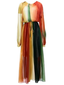 Платье QIWN для подиума, Весна-лето, Новое женское дизайнерское богемное высококачественное Сексуальное повседневное вечернее Элегантное шифоновое платье с длинным рукавом