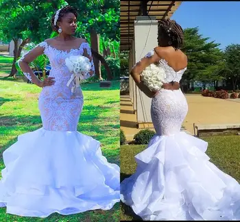 Платья Африканской русалки больших размеров 2024 года, современные каскадные оборки, Многоуровневая юбка, кружевное свадебное платье невесты с длинным рукавом