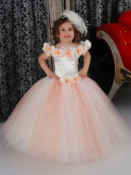 Платья для девочек-цветочниц, Розовый тюль, Пышный, С 3D цветами, Короткий рукав Для свадьбы, Дня рождения, банкета, платья принцессы