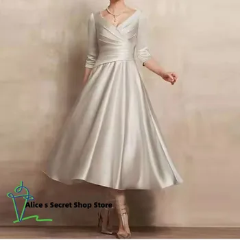 Платья матери невесты с коротким рукавом трапециевидной формы, вечерние платья чайной длины с V-образным вырезом / Вечернее платье большого размера