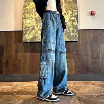 Популярные Корейские мужские джинсовые брюки с множеством карманов, мешковатые джинсы-карго в стиле пэчворк, Красивые повседневные уличные брюки со средней талией.