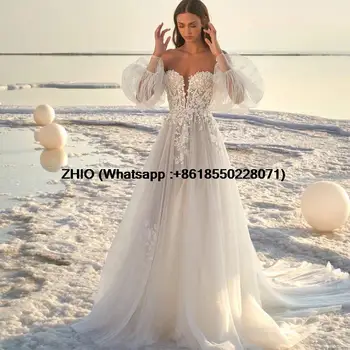 Потрясающее пляжное свадебное платье 2023 Для женщин С открытыми плечами, тюлевое кружевное платье с пышными рукавами и шлейфом, гражданское платье невесты