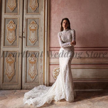 Потрясающее Свадебное платье 2023 с высоким воротом, длинным рукавом, аппликацией на спине, блестками, бисером, Изысканное Женское платье-русалка с вышивкой