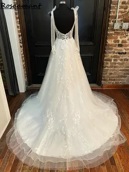 Реальное изображение V-образный вырез, открытая спина, бант, свадебные платья трапециевидной формы, аппликации без рукавов, кружевные свадебные платья