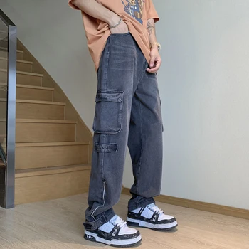 Ретро Мужские джинсы-карго, прямые Модные уличные хип-хоп танцевальные молодежные брюки с большими карманами, мужские прямые джинсовые брюки