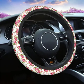 Розовая крышка рулевого колеса автомобиля с розами и листьями, универсальная, 15 дюймов, с контурами захвата, красивый цветочный узор из неопрена с красной розой