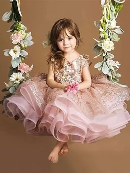 Розовые свадебные платья для девочек в цветочек, вечерние платья принцессы длиной до колен, тюлевые оборки, аппликации, Короткие рукава
