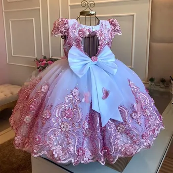 Роскошное платье для новорожденных девочек, Кружевное платье с аппликацией и жемчугом, платье принцессы с цветочным узором для девочек, Длинное Рождественское бальное платье для выпускного вечера
