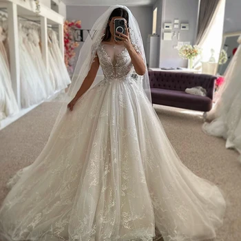 Роскошное свадебное платье, расшитое кружевом на сетке, со шлейфом из бального платья, с круглым вырезом, без рукавов, Платье невесты на пуговицах сзади, Vestido De Novia