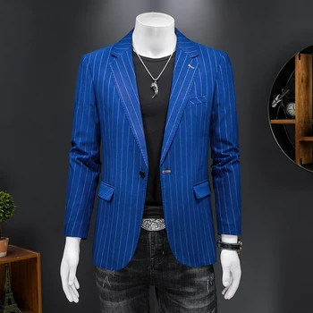 Роскошный брендовый черный темно-синий блейзер в полоску для мужчин, приталенный формальный мужской блейзер, пиджаки для костюмов, костюм джентльмена 5XL Q1306