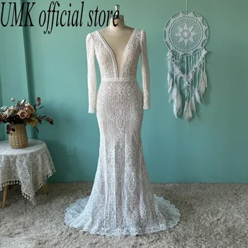 Свадебное платье UMK Mermaid 2023 с длинным рукавом, сексуальное кружевное платье с глубоким V-образным вырезом и открытой спиной, винтажные свадебные платья