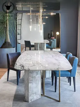 Сочетание итальянского светлого роскошного обеденного стола и стула из белого мрамора прямоугольной формы для маленькой семьи в скандинавском стиле, современная простая домашняя вкладка