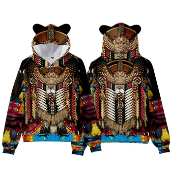 Толстовки с 3D принтом индейцев, Мужские и женские Пуловеры с кошачьими ушками, толстовка для подростков, Женский Мужской повседневный спортивный костюм в стиле хип-хоп, толстовка