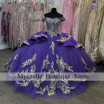 Фиолетовые пышные платья принцессы 2023 года с роскошными кристаллами и аппликациями, Vestidos De 15 Años, Корсетное платье для 16 лет