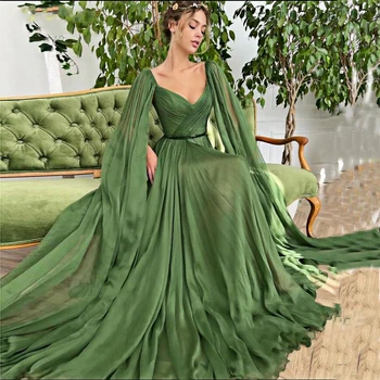 Элегантные Зеленые арабские женские вечерние платья от кутюр С длинными рукавами-накидками и V-образным вырезом для мам на вечеринку