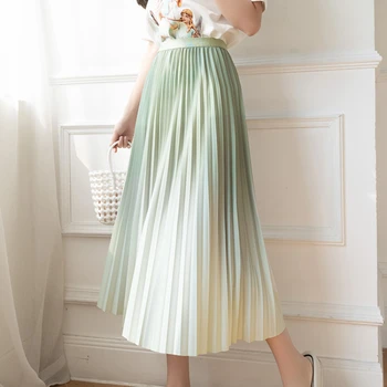Юбка градиентного цвета для женщин, Корейская версия, плиссированная юбка из тонкой драпировки с высокой талией, элегантная юбка-трапеция средней длины